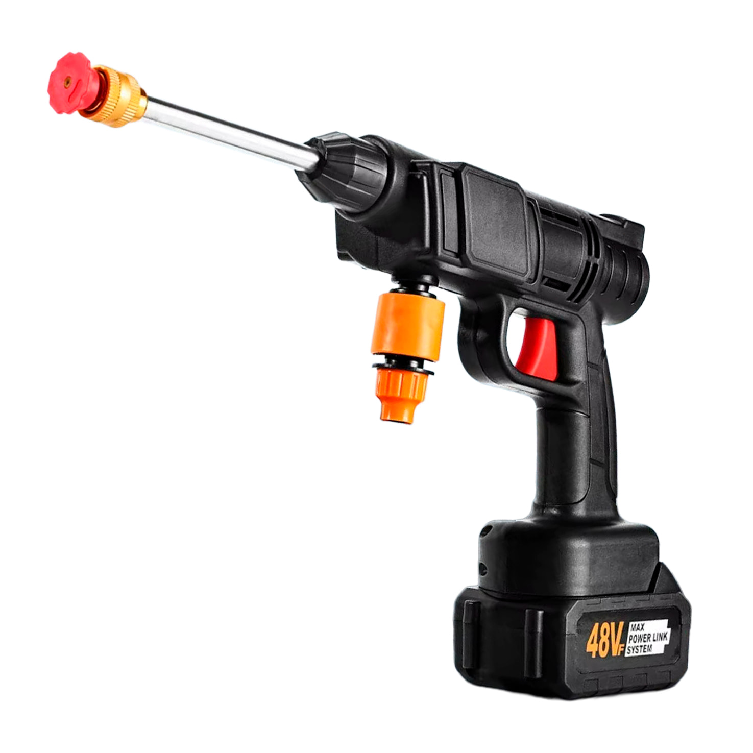Pistola per lavaggio ad alta pressione con batteria integrata, 3 adattatori di lavaggio diversi, 300W di potenza e 30 bar di pressione.