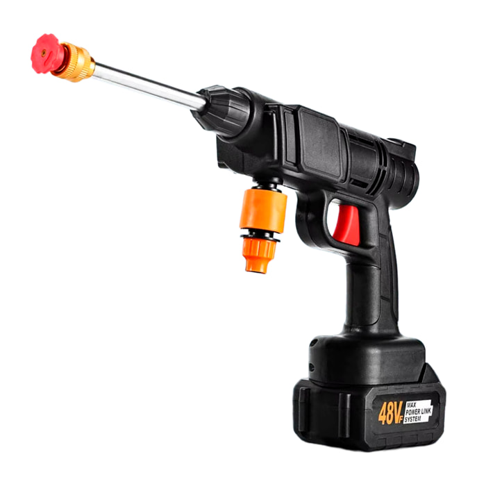 Pistola per lavaggio ad alta pressione con batteria integrata, 3 adattatori di lavaggio diversi, 300W di potenza e 30 bar di pressione.