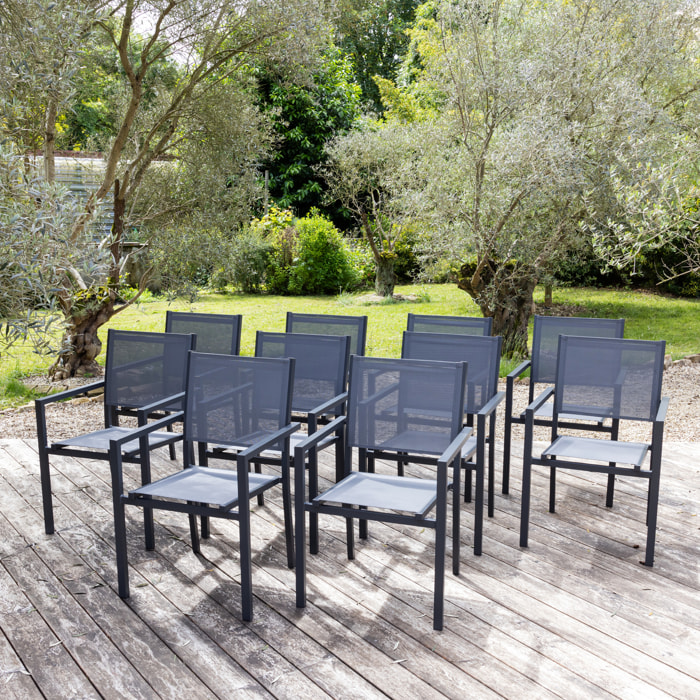 Lot de 10 chaises en aluminium anthracite - textilène gris