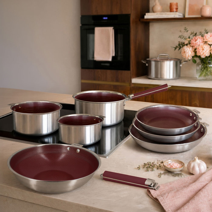 Batterie de cuisine 10 pièces en acier inoxydable lie de vin AGLAE