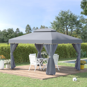 Cenador de Jardín 4x3 m Gazebo de Aluminio con Techo de Ventilación 4 Cortinas Laterales 4 Mosquiteras y 8 Orificios de Drenaje para Fiestas Eventos Exterior Gris