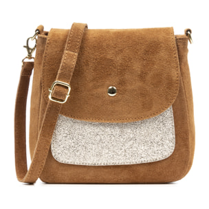 Altissimo bolso bandolera mujer. Piel auténtica Gamuza combinada con Gamuza Lacada brillante.