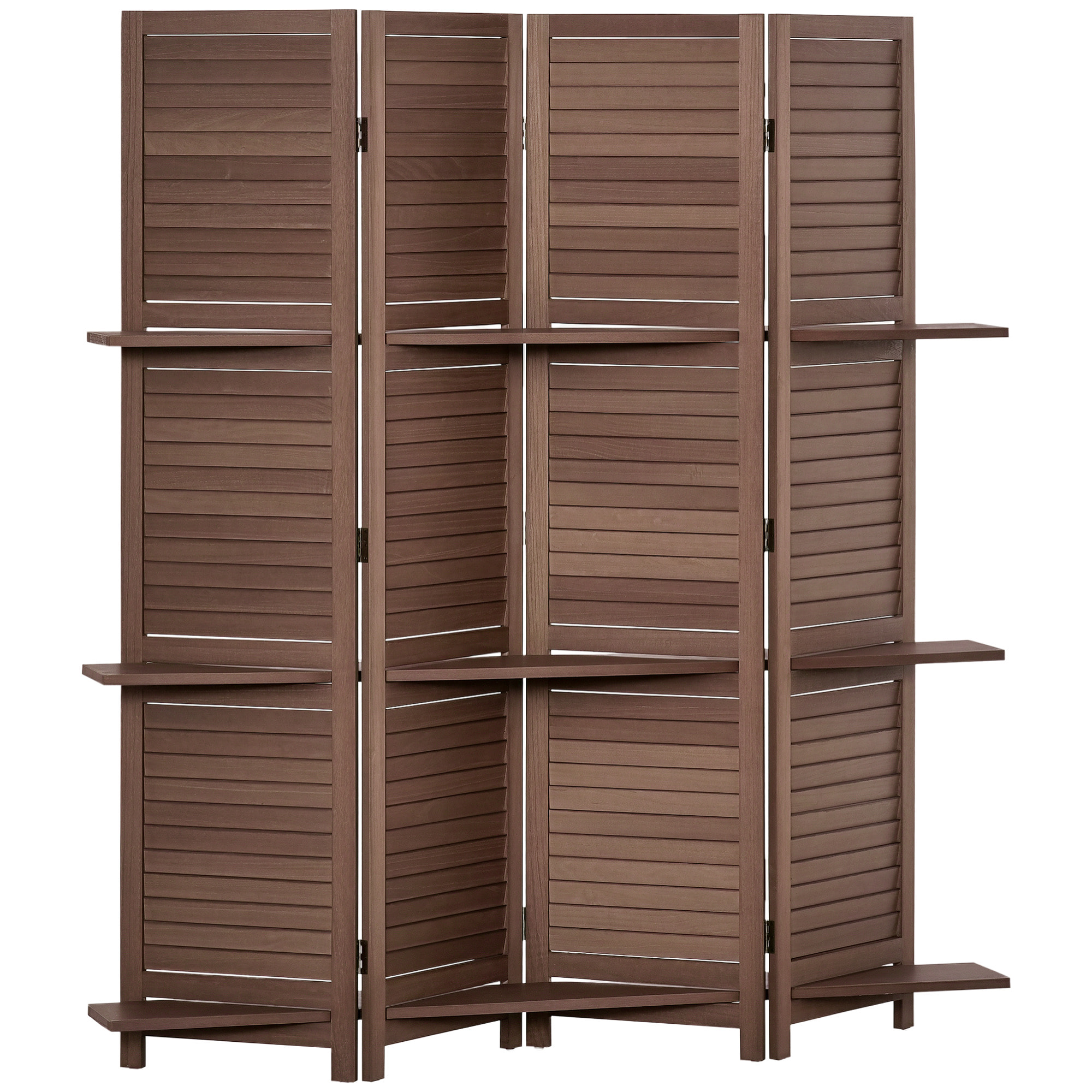 Biombo Plegable de 4 Paneles de Madera, 162x170 cm, Biombo Separador de Ambientes con 3 Estantes, Diseño de Persianas, Decoración para Dormitorio, Salón, Nogal