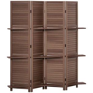 Biombo Plegable de 4 Paneles de Madera, 162x170 cm, Biombo Separador de Ambientes con 3 Estantes, Diseño de Persianas, Decoración para Dormitorio, Salón, Nogal