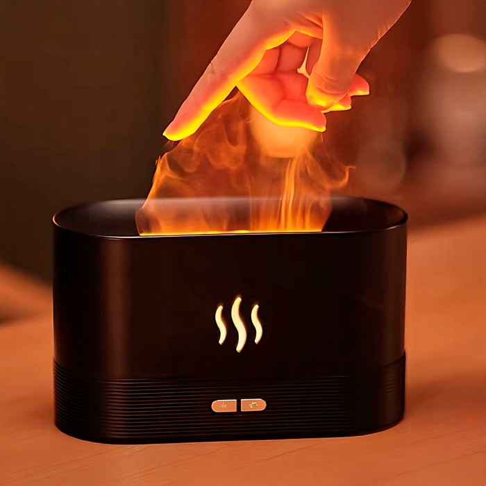Diffusore di aromi con effetto fiamma, 9 colori, 2 impostazioni di luminosità e capacità di 180 ml. Consente oli essenziali non corrosivi.