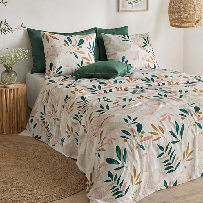 Parure de draps 100% coton motif feuillage - blanc vert rose