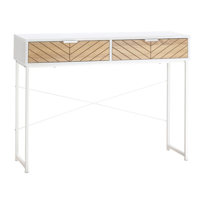 Table console industriel 2 tiroirs aspect bois de chêne sculpté motif à chevrons piètement métal blanc