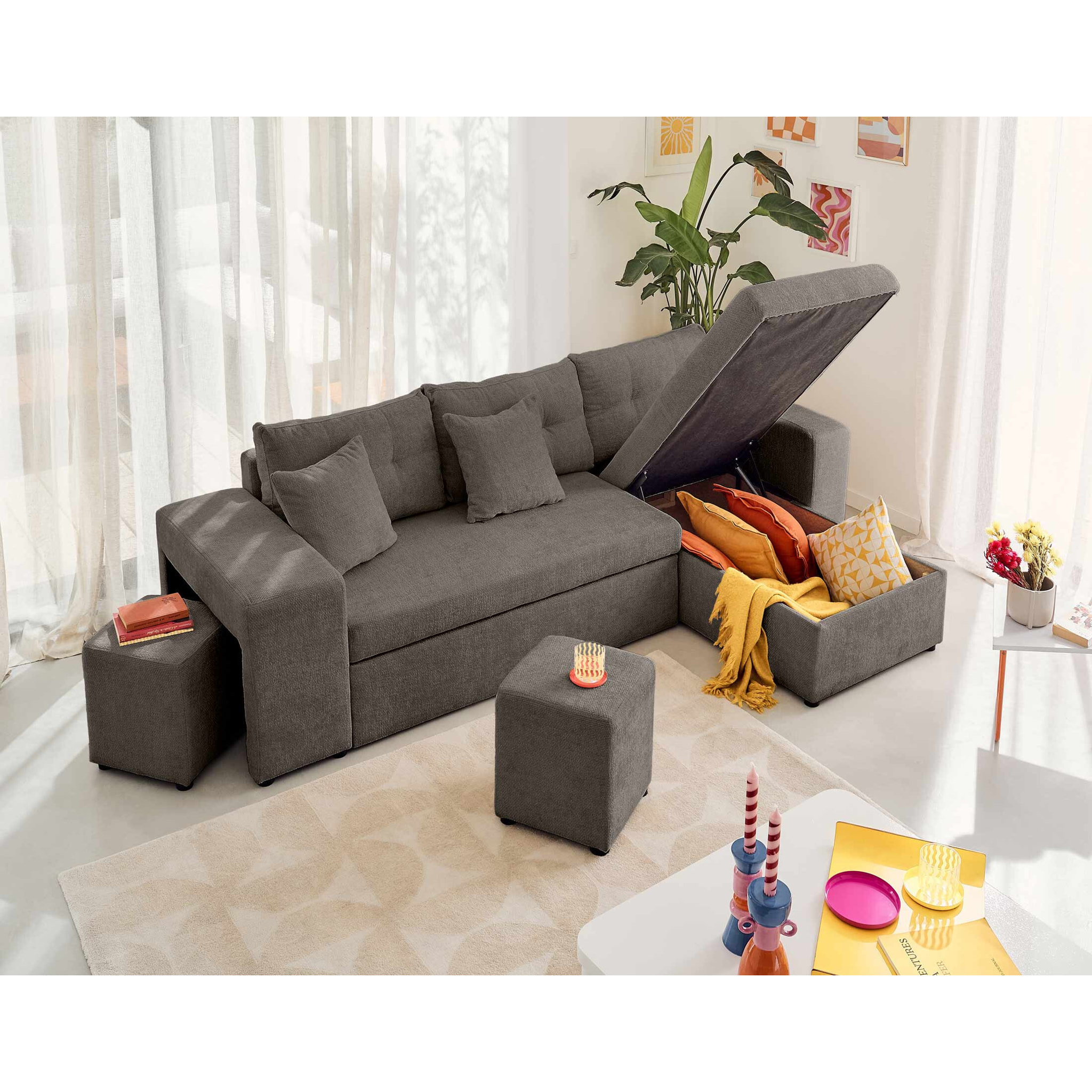 California - canapé d'angle réversible 4 places - convertible avec coffre, étagère et poufs - en velours texturé - Gris
