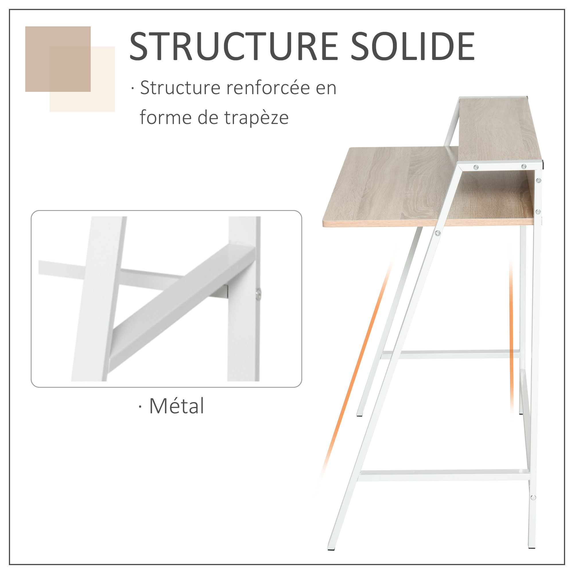 Bureau secrétaire bureau informatique dim. 84L x 45l x 85H cm style néo-rétro étagère coloris chêne clair blanc