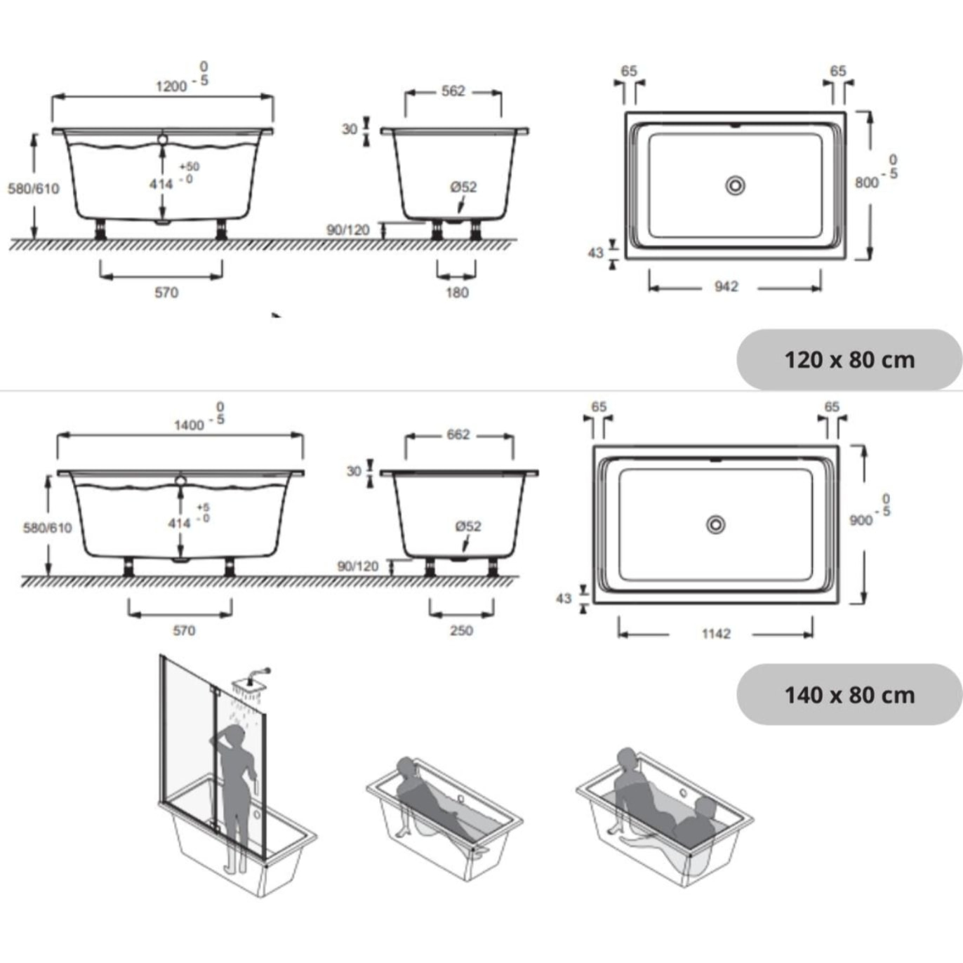 Baignoire bain douche Capsule, compacte + pare bain en angle 120 x 80 cm