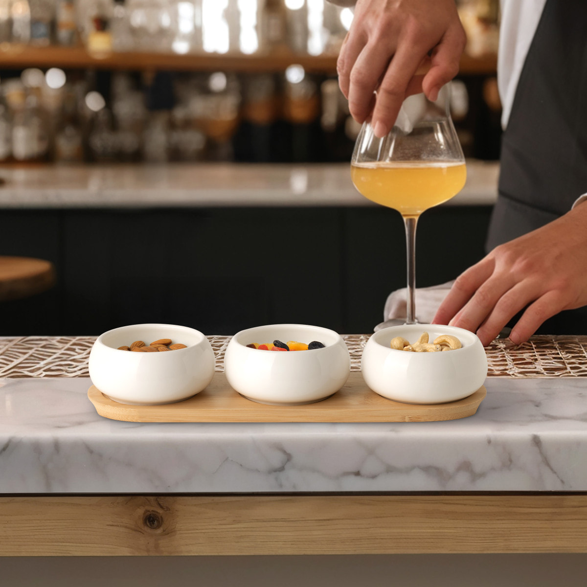 Tapas - Set de 3 coupelles apéritives en céramique avec plateau en bambou