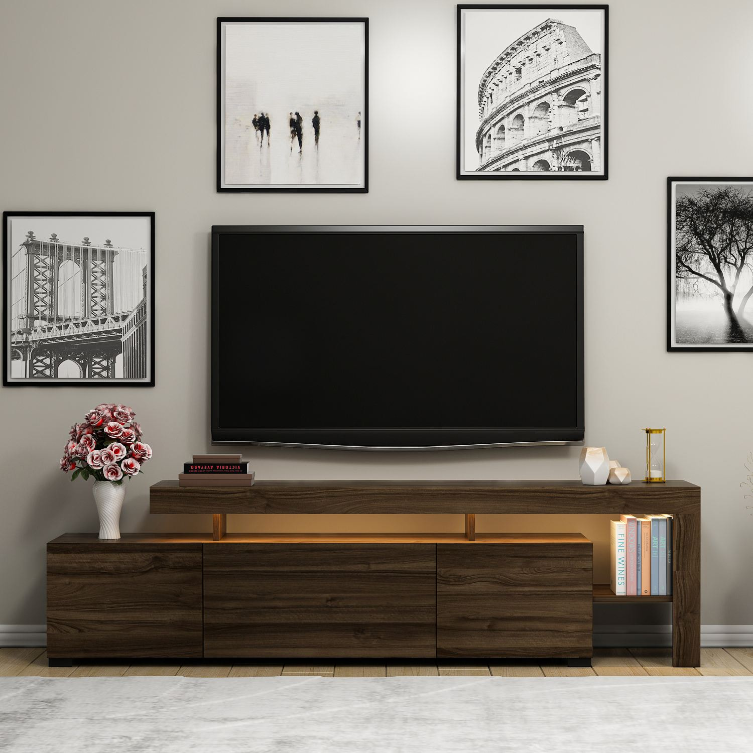 Meuble TV effet bois foncé avec éclairage LED 192 cm ROSTOCK