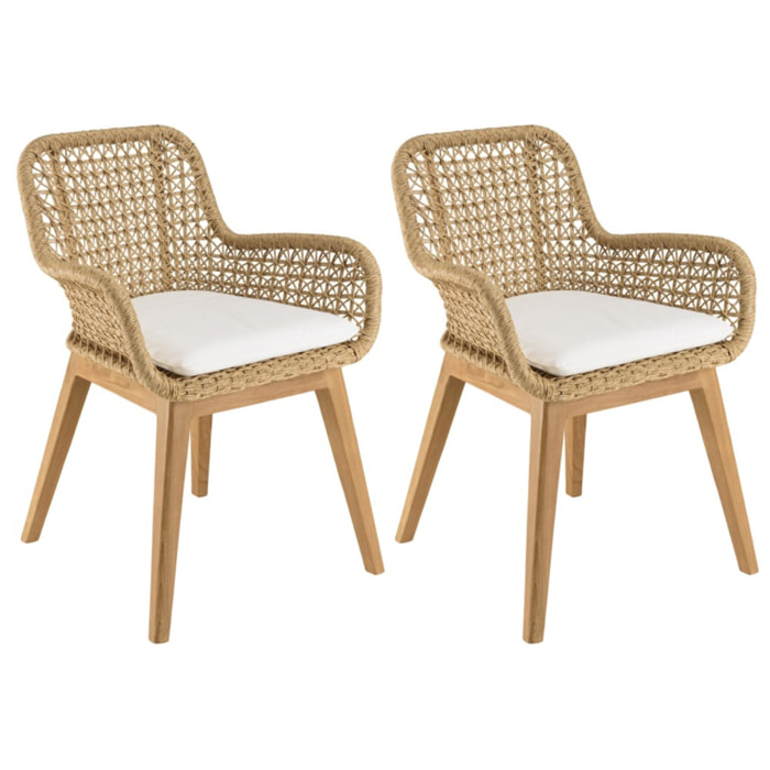 VALERIA - Lot de 2 fauteuils jardin teck rotin synthétique et coussin blanc