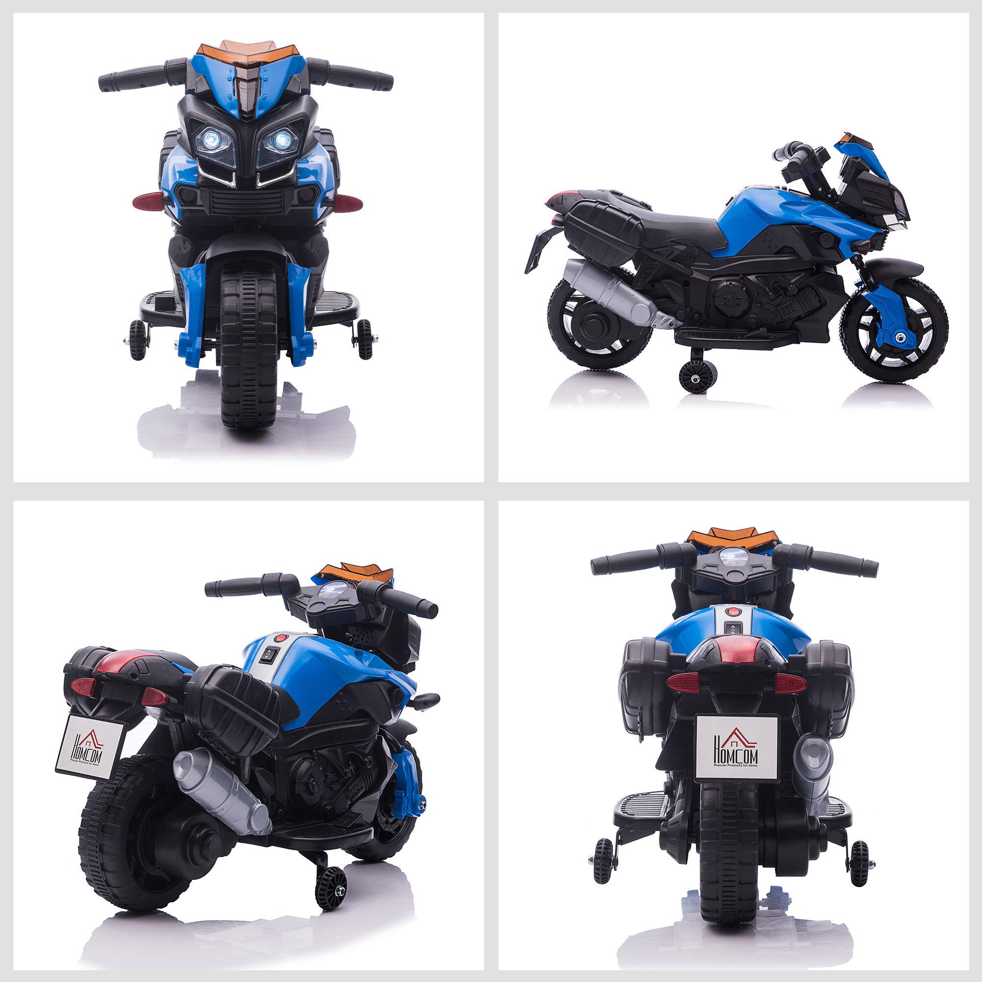 Moto électrique enfant 6 V 3 Km/h effet lumineux et sonore roulettes amovibles repose-pied valises latérales métal PP bleu noir