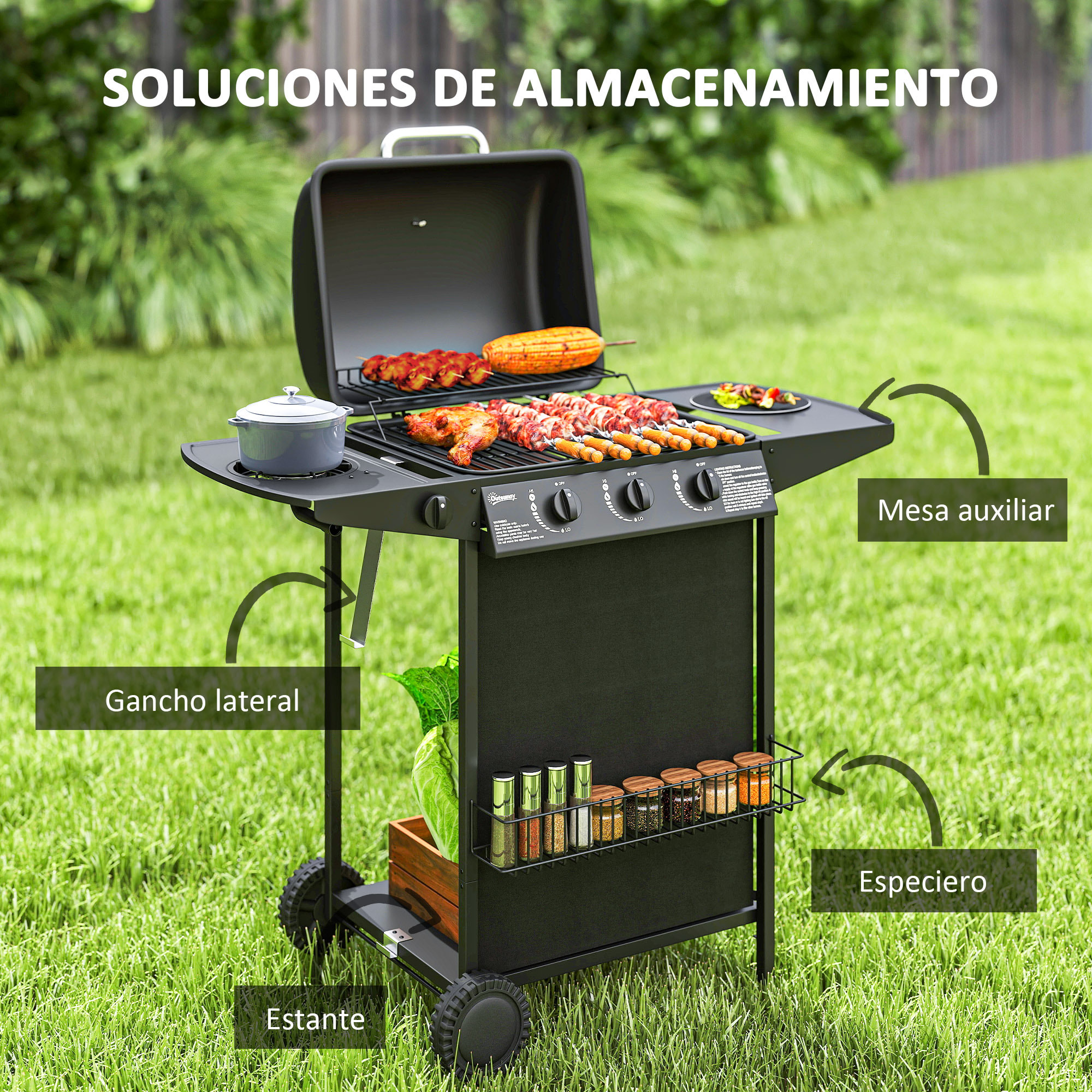 Barbacoa de Gas BBQ Gas con 3+1 Quemadores 9,5 kW Barbacoa Portátil con Termómetro Mesa Lateral Estante Especiero Parrilla Recogedor de Grasa 2 Ruedas para Jardín Exterior Camping Negro