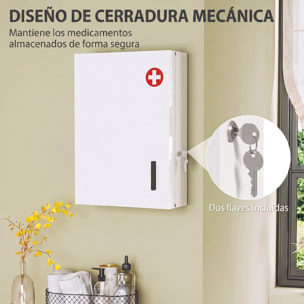 Botiquín de Pared de Primeros Auxilios, Botiquín de Medicinas con 6 Compartimentos, Cerradura y 2 Llaves, para Baño, Cocina, Recibidor, 40x18x60 cm, Blanco
