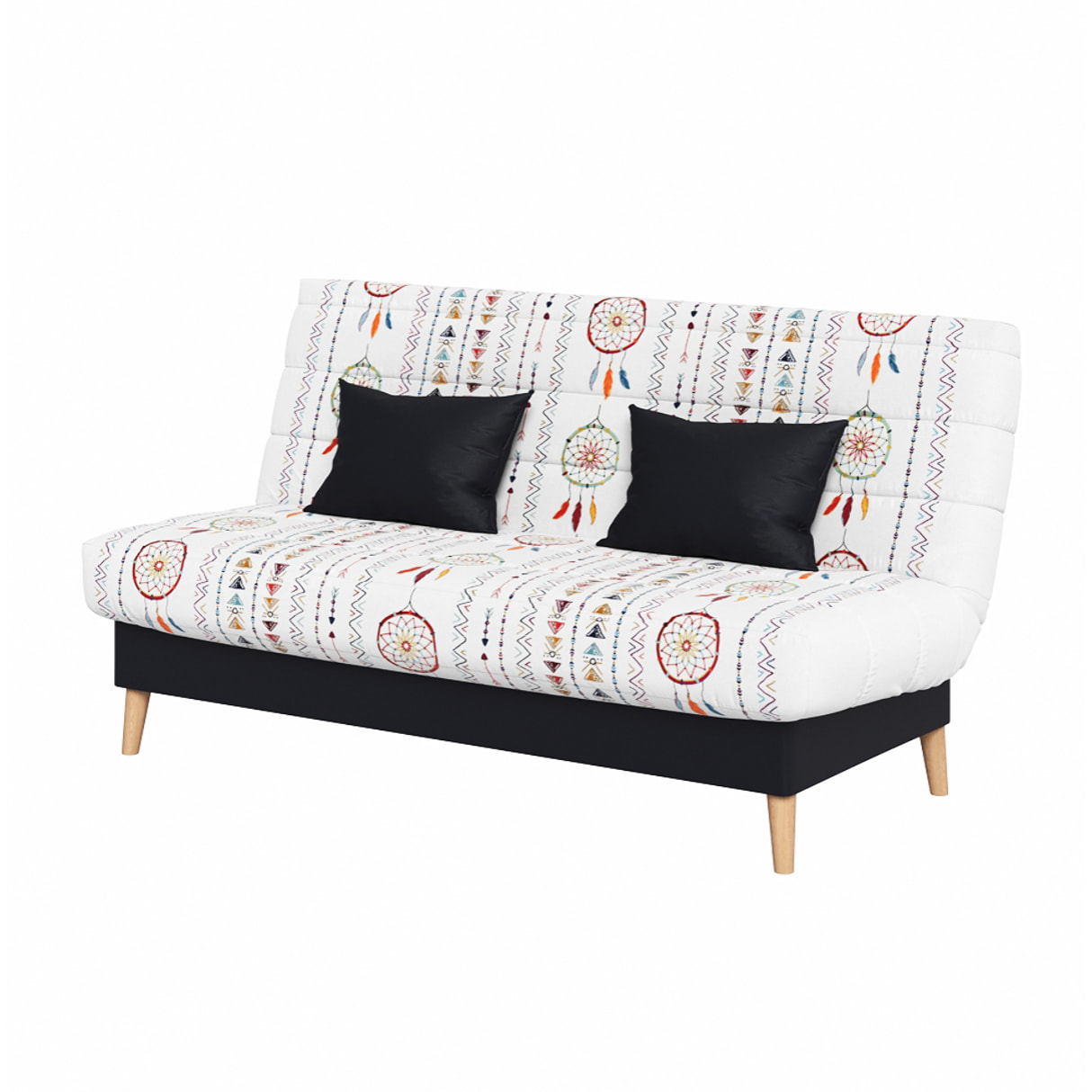 Canapé convertible Soho, matelas Simmons, 130 x 190 cm, 2 coussins offerts, Blanc à motifs