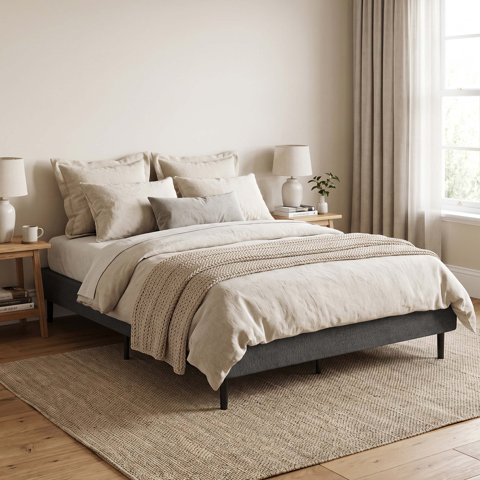 HOMCOM Cama Tapizada 144x195 cm con Funda de Chenilla, Marco de Cama Doble con Somier de Lamas de Madera, Patas de Acero, Diseño Moderno, Fácil Montaje, Carga 400 kg, Gris