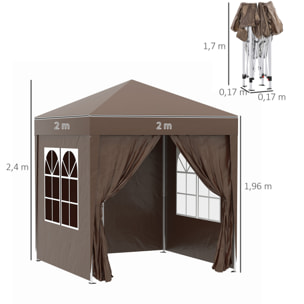 Carpa Plegable Gazebo 2x2 m Cenador de Jardín con 4 Paredes Laterales Tela Oxford 2 Puertas 2 Ventanas y Bolsa de Transporte para Exterior Terraza Camping Fiestas Marrón