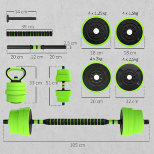 Juego de Mancuernas Ajustables, 4 en 1, 30kg, Juego de Pesas Utilizado como Kettlebell, Barra, Mancuernas o Soporte para Flexiones, Equipo de Fitness para Hombres y Mujeres, Gimnasio en Casa