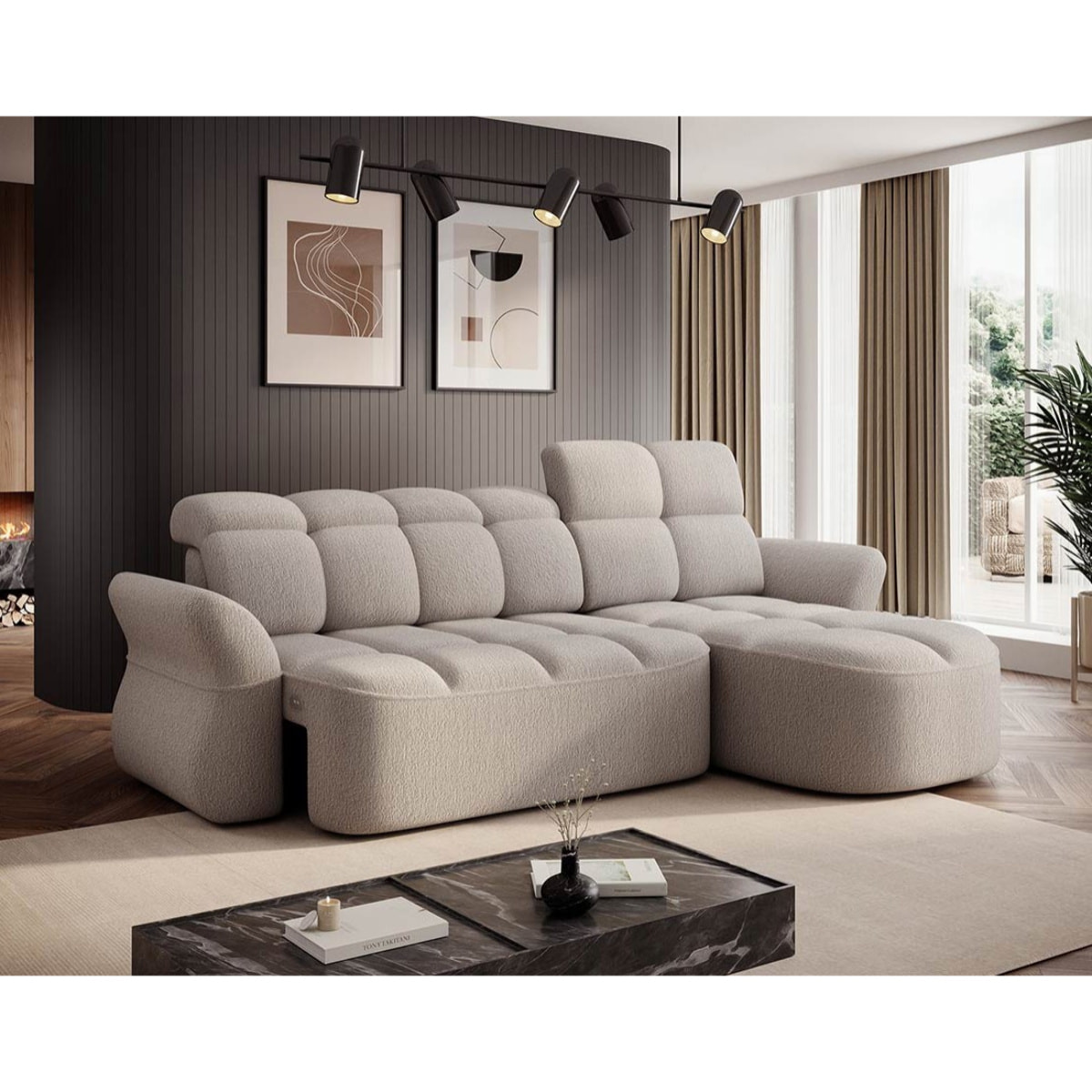 Brume - Canapé d'angle droit 4 places convertible électrique avec coffre et têtières réglables en tissu bouclette - Beige