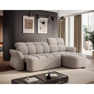 Brume - Canapé d'angle droit 4 places convertible électrique avec coffre et têtières réglables en tissu bouclette - Beige
