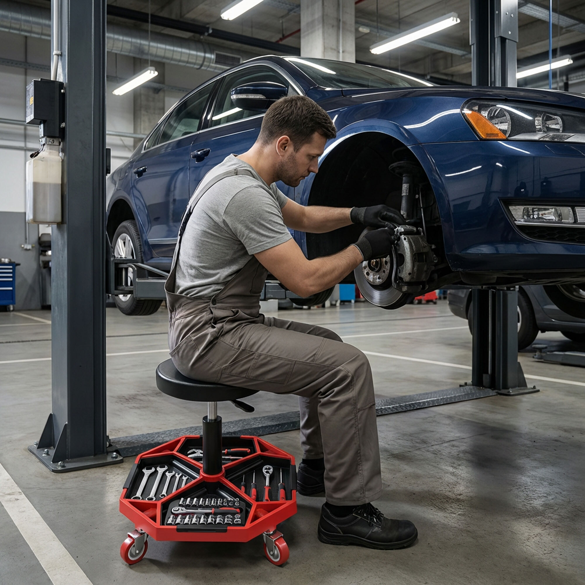 Mekatronix - Sgabello da Officina con Ruote e Vassoi Porta Attrezzi Portata 150 kg Altezza Regolabile e Girevole