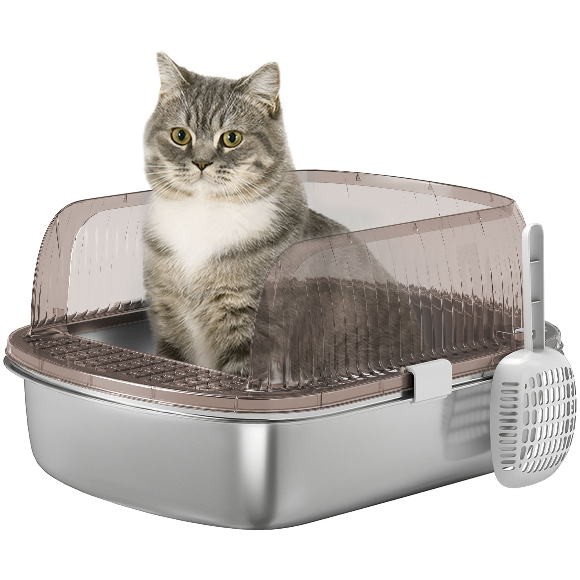 Arenero para Gatos Cubierto Extragrande Caja de Arena Cerrado con Bandeja de Acero Inoxidable Bordes Altos Pala y Zona para Caída de Arena sin Olor Fácil Limpieza para Gatos Grandes Gris