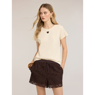 Motivi - T-shirt in jersey con cuore in paillettes - Beige