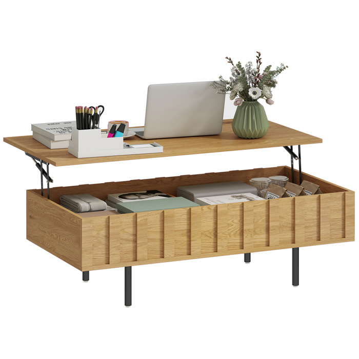 Table basse relevable avec 2 rangements cachés et côtés cannelés, 110 × 55 × 36,5 cm, effet chêne