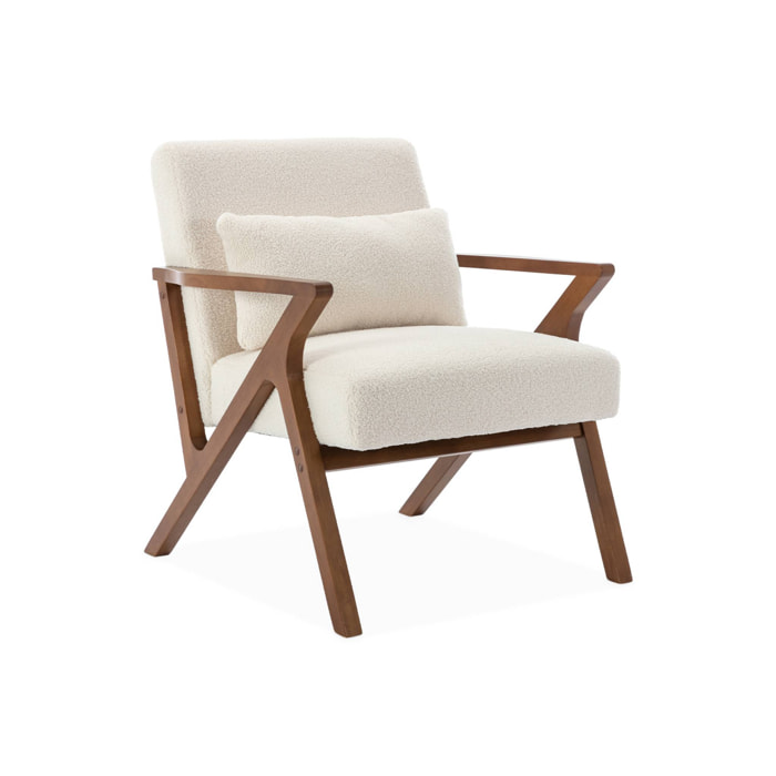 Fauteuil scandinave bois d'hévéa finition teinté noyer clair et bouclette blanche ANTOINE