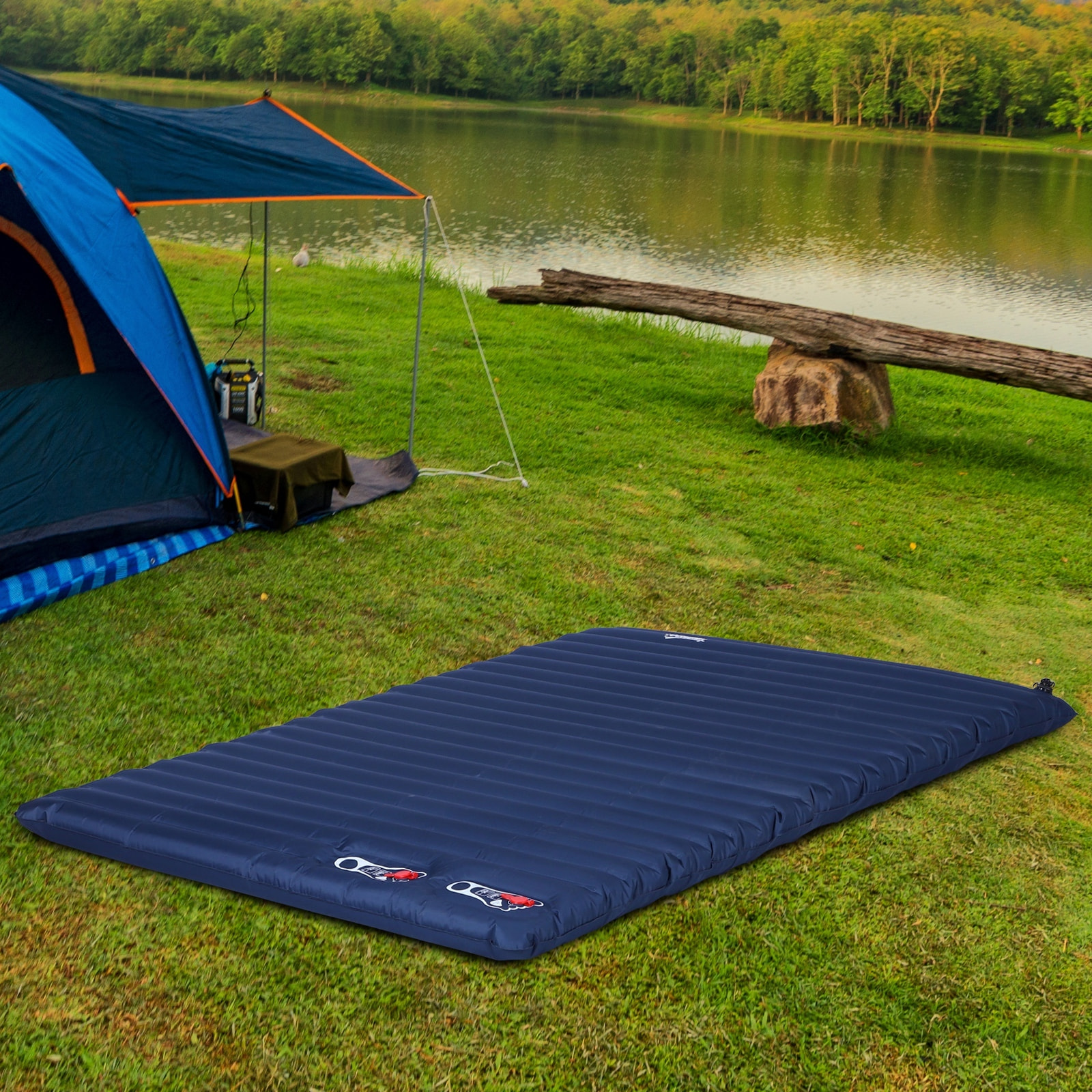 Matelas autogonflant de camping - grand confort 2 personnes - pliable avec sac de transport inclus - dim. 195L x 138l x 10H cm bleu marine