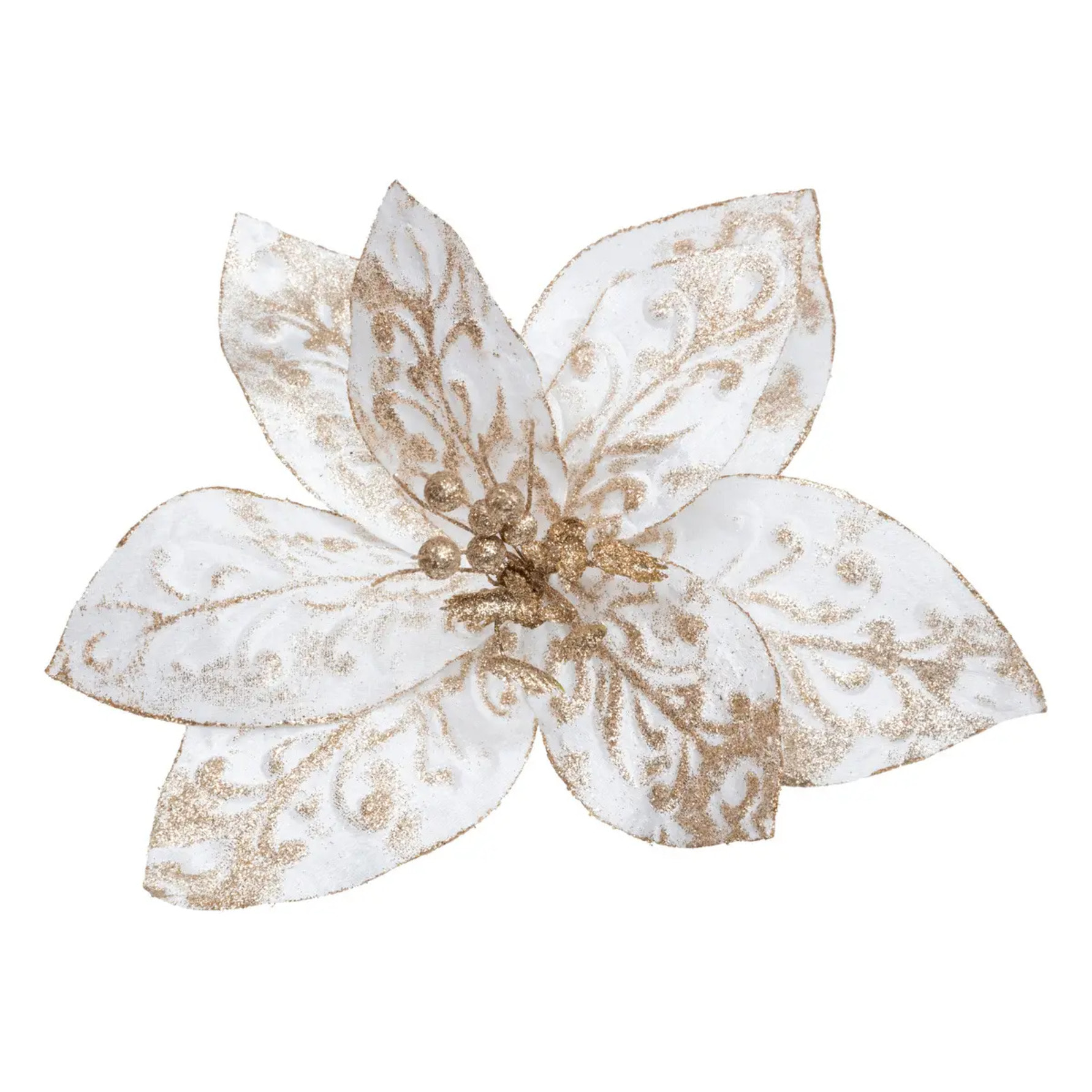Décoration de sapin poinsettia XL blanc or 40cm