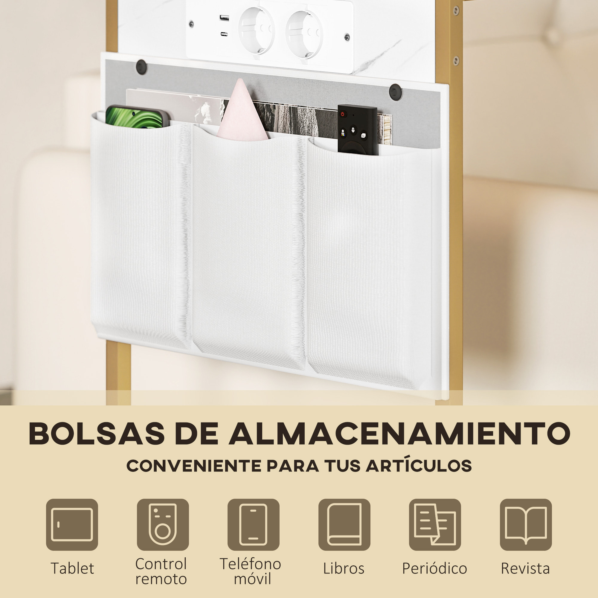 Mesa Auxiliar con Estación de Carga Mesa para Sofá con 2 Puertos USB 1 Puerto USB-C y Bolsillo Organizador Mesita Auxiliar para Salón Dormitorio Blanco