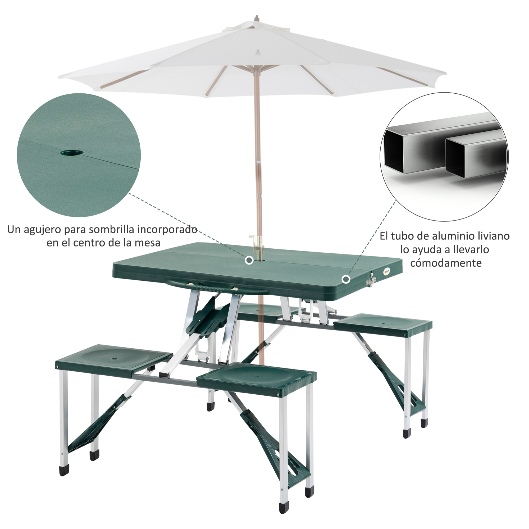 Mesa Plegable de Camping con 4 Asientos y Agujero para Sombrilla Picnic y Playa