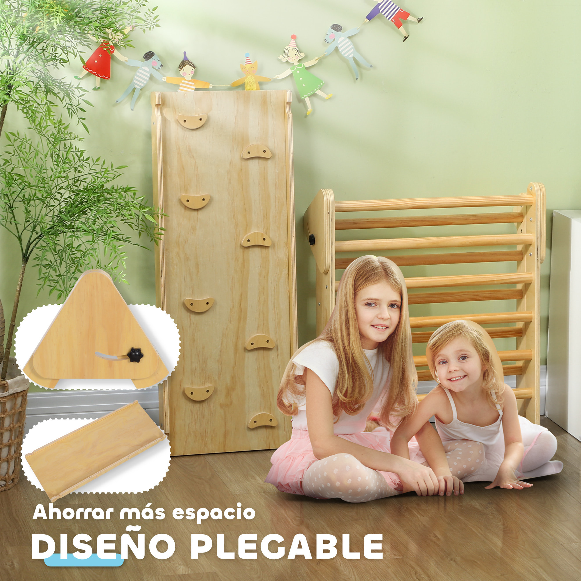 3 en 1 Triángulo de Escalada Montessori, Escalada para Niños de Madera Plegable, para18-48 Meses, con Rampa, para Deslizarse o Escalar, 147x64,5 cm, Natural