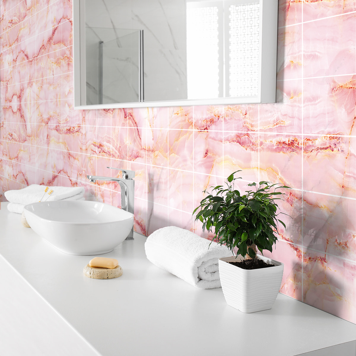 Stickers muraux - Sticker Mural Carrelage adhésif Cuisine Salle de Bain - 60 STICKERS CARRELAGES MARBRE ROSE DE LAS TERRENAS