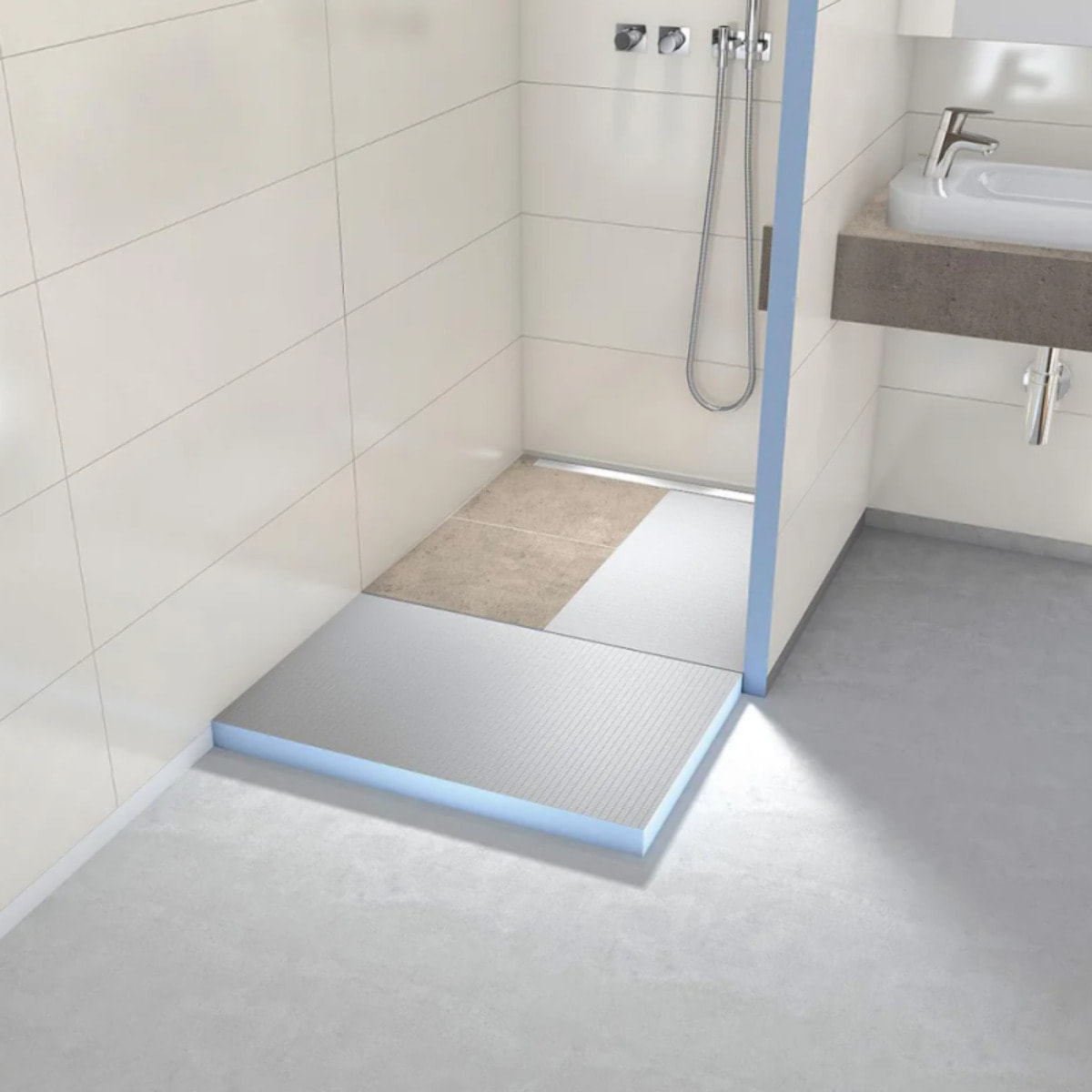 Pack receveur de douche pré-penté 104 x 120 x 3,8 cm WEDI Fundo Flex béton + bonde horizontale + écoulement linéaire + support
