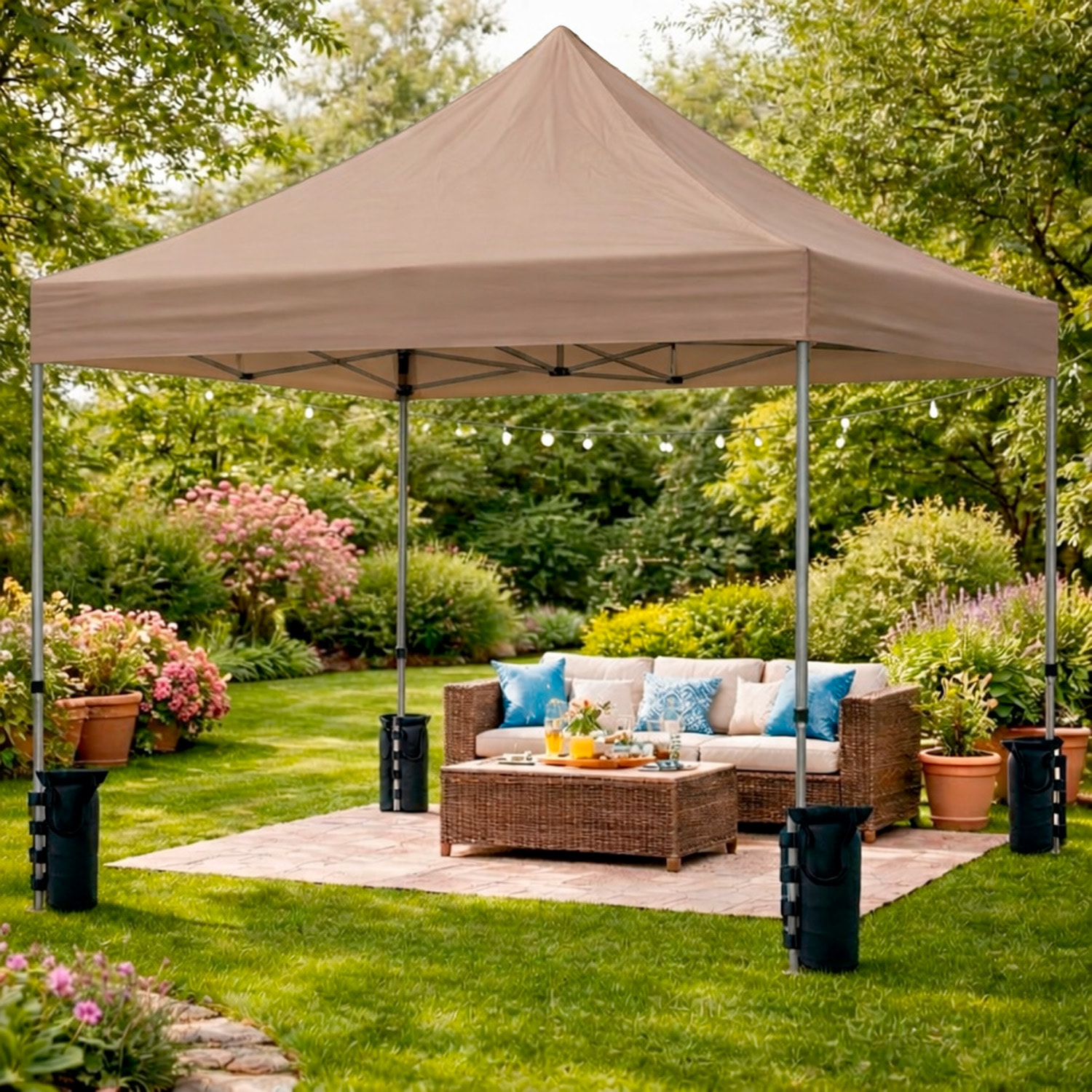 Gazebo Professionale 3x3 M Richiudibile Automatico In Acciaio Con Telo Oxford 1200D PVC Impermeabile e Anti UV A Fisarmonica con Sacche Tortora
