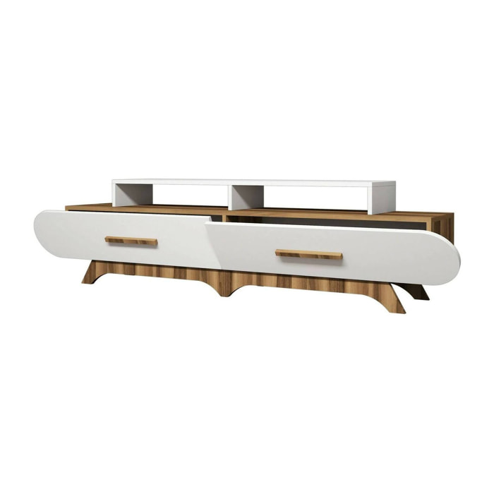 Mobile porta TV Massima, Credenza da soggiorno, Armadio basso per TV, Base parete attrezzata, 205x37h50 cm, Noce e Bianco