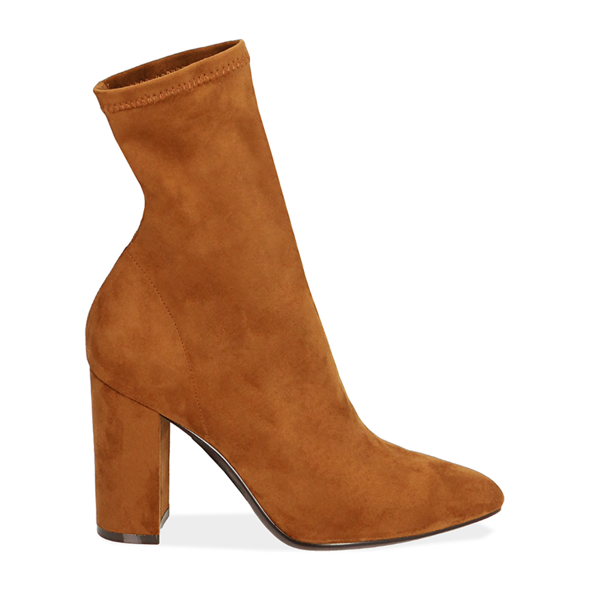 Ankle boots cognac in microfibra, tacco colonna 9,5 cm