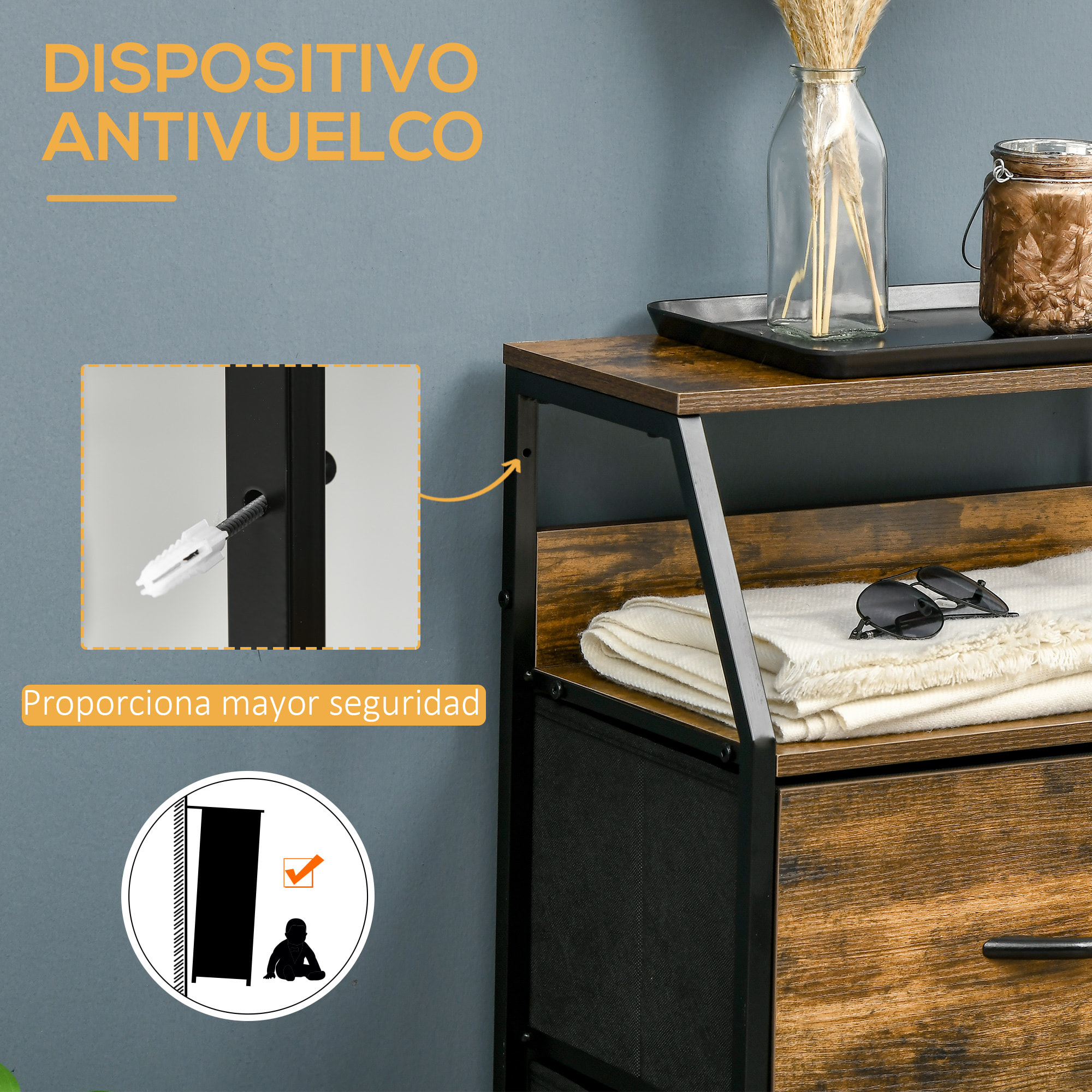 HOMCOM Cómoda Cajonera Cómoda de Madera con 3 Cajones de Tela Plegable y Estante Abierto para Salón Oficina Dormitorio Estilo Industrial Antivuelco 44x29x92 cm Marrón Rústico