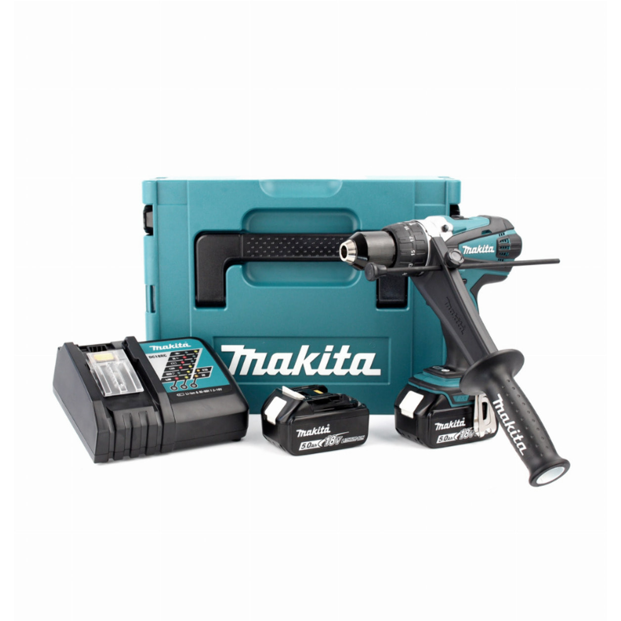 Perceuse visseuse à percussion Ø13mm - MAKITA - avec 2 batteries 18V 5.0 Ah - chargeur - MakPac- DHP458RTJ