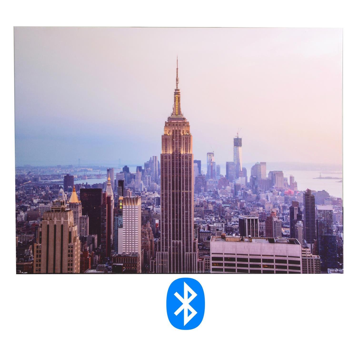 Quadro stampa con bluetooth città all'alba cm80x60x4