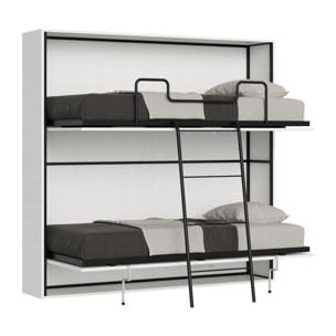 Armoire Lit escamotable horizontal superposé 2 couchages 85 KANDO Frêne Blanc avec matelas