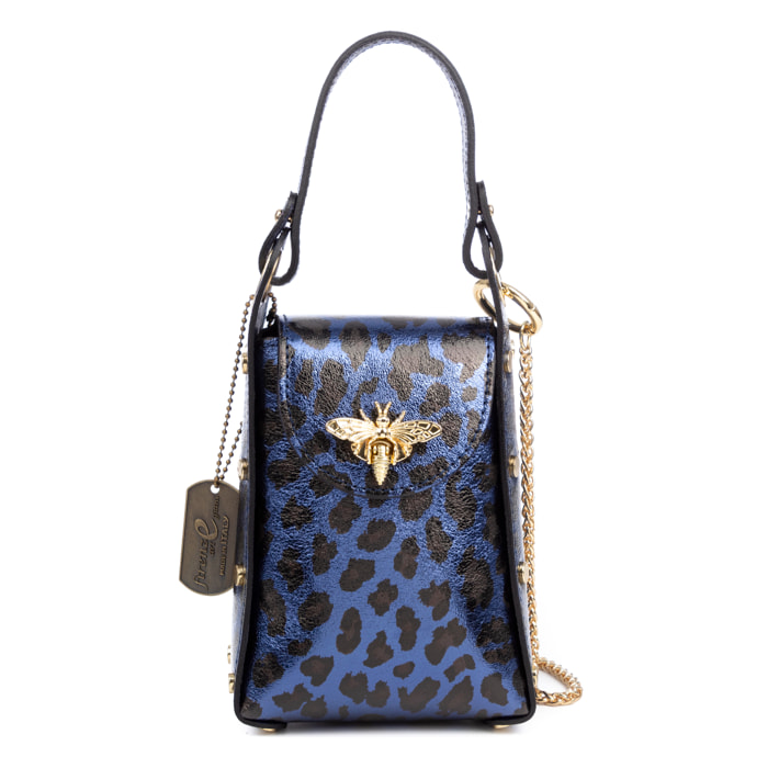 Alviano bolso de mano mujer. Piel auténtica Gamuza con estampado animal print leopardo lacada brillante.