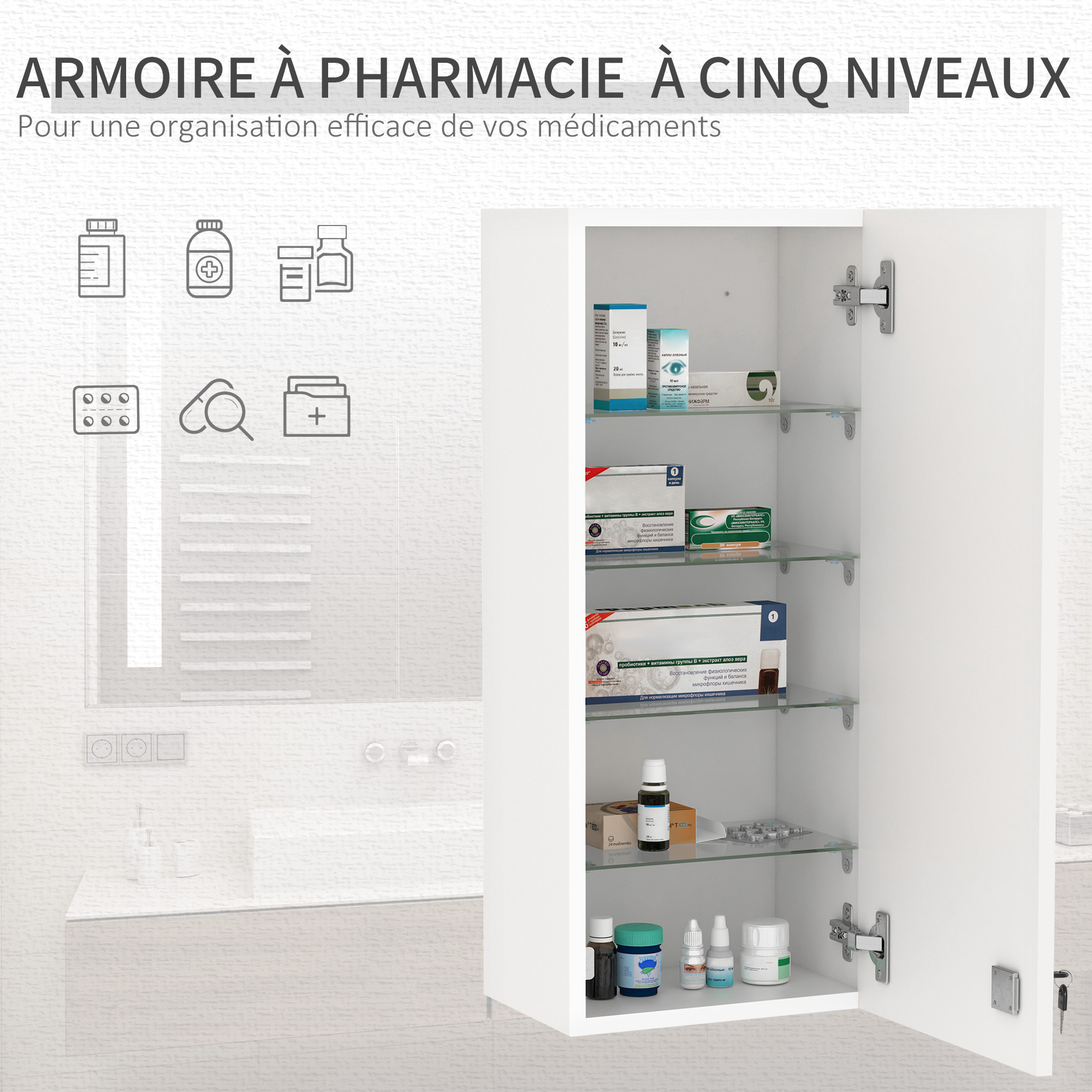 Armoire à pharmacie murale verrouillable - 5 niveaux - verre panneaux blanc