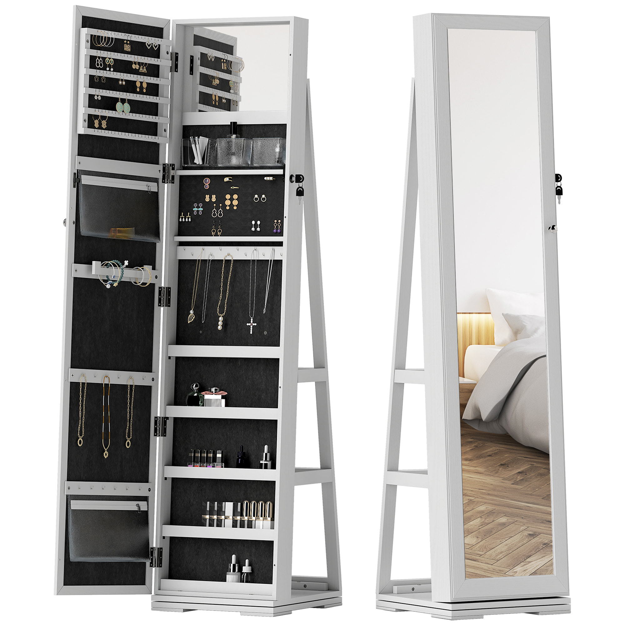 Armoire à bijoux pivotante verrouillable avec miroir - armoire bijoux multi-rangement - MDF gris clair
