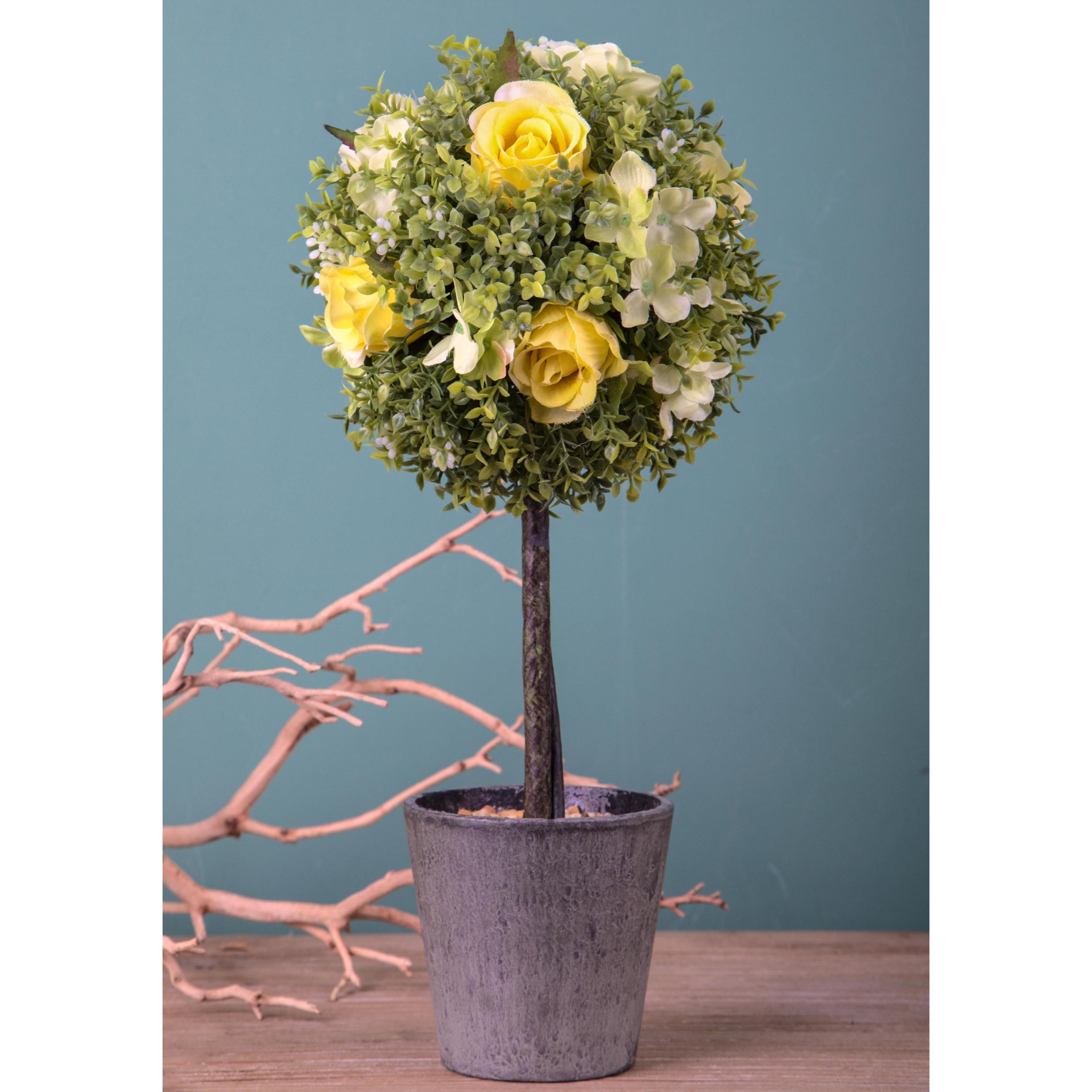 Rose Su Topiary. Altezza 27,5 Cm - Pezzi 1 - 17X27,5X12cm - Colore: Giallo - Bianchi Dino - Piante Artificiali