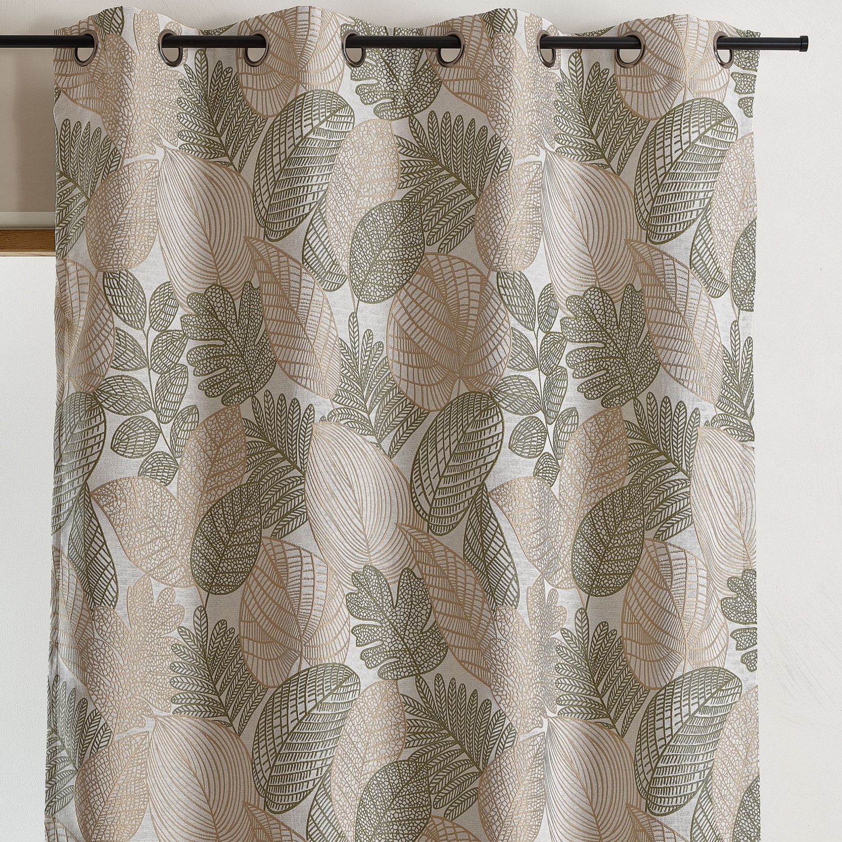 Rideau jacquard en poly-coton à motifs feuilles - Kaki